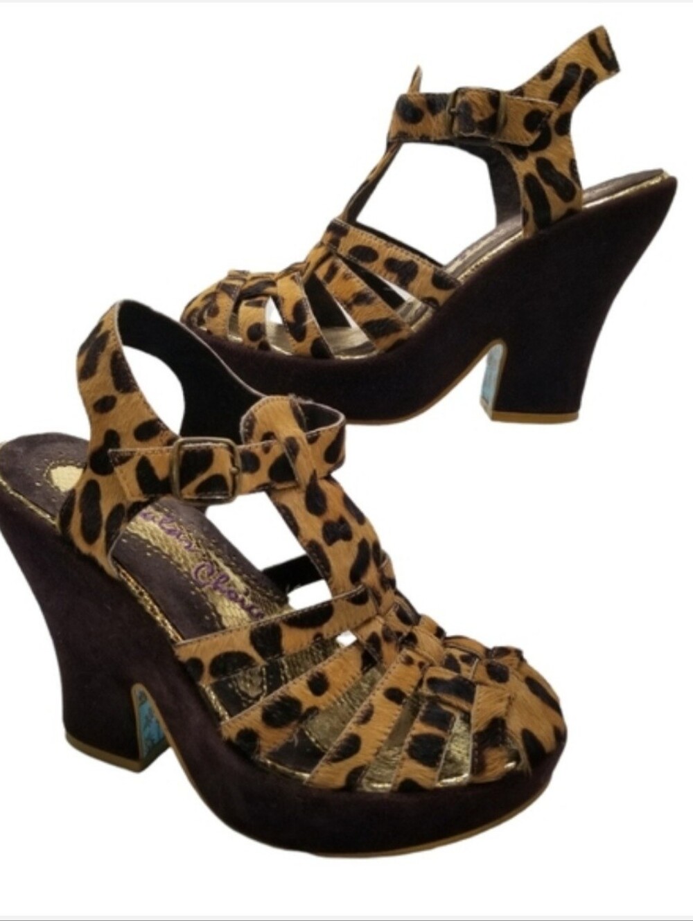 Irregular Choice Leopard Print Pony Hair Sling Back Wedge Closed Toe Heels